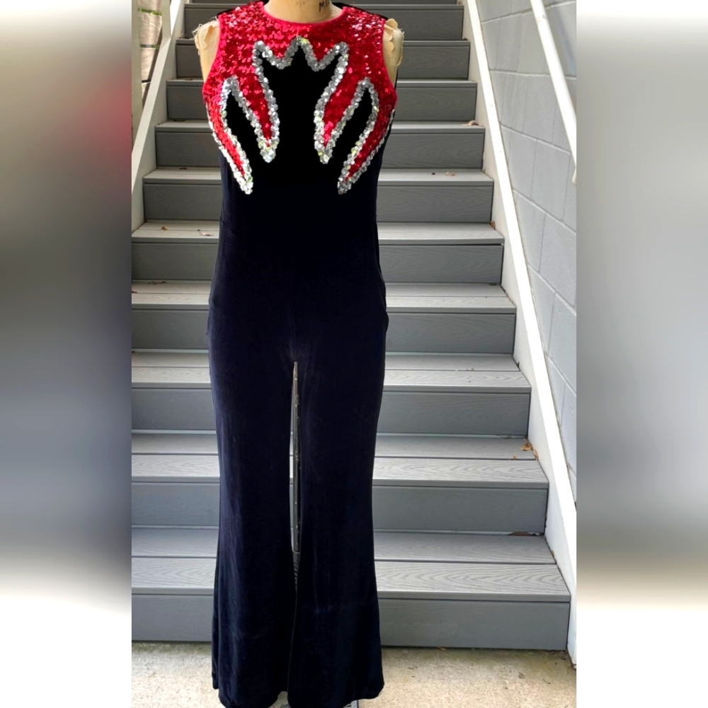 COPY - Rare 1970s Black Velvet Jumpsuit with Orange and Silver Sequin Flames